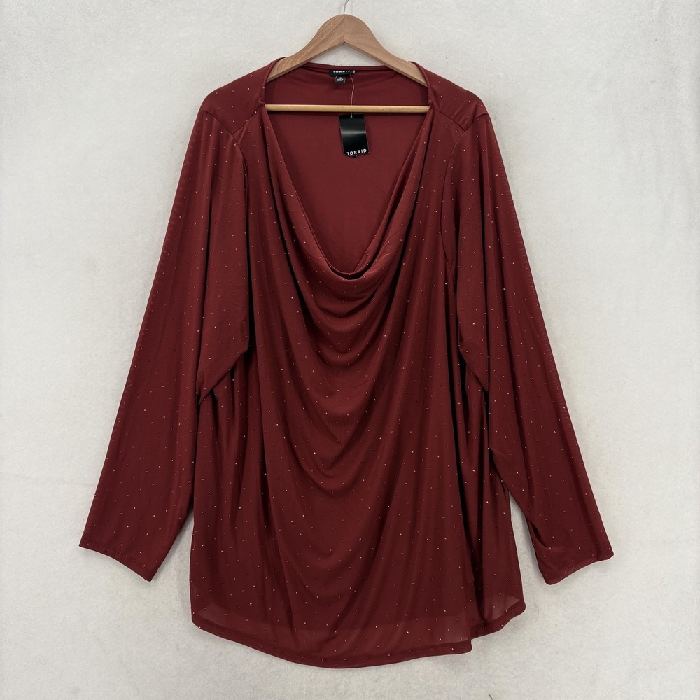 Torrid Blouse Womens 5X Plus Red Sparkle Mesh Cowl Neck Long Sleeve Tunic NWT